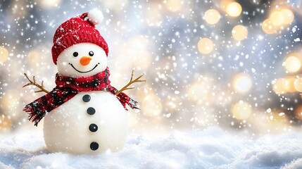 Happy Snowman in Winter Scenery with Copy Space - Blurred Bokeh