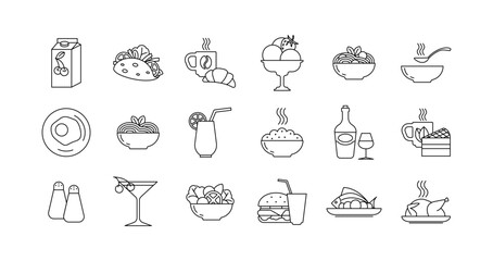 Set of dining icons for food. Illustration in modern style of thin line icons related to food: dish, lunch, drinks, fast food and more. Pictograms and infographic for mobile applications. Vector