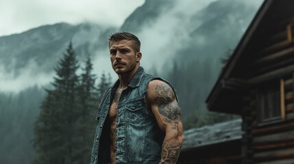Muscular Man Poses Outdoors Near a Mountain Cabin