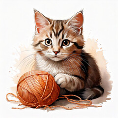 Watercolor Cat Playing With Ball Of Yarn, Watercolor portrait of a cat painting, cat oil paint wall art