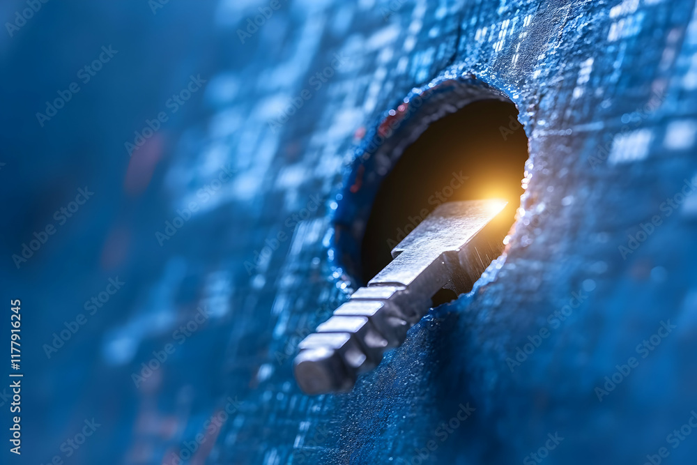 Poster keyhole breakthrough; digital data security concept; glowing light; abstract background; website, ma