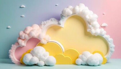 Obraz premium Pastel Cloud Background Dreamy Yellow Pink Scene Fluffy Cotton Cloudscape