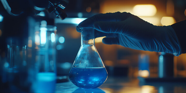 Scientist in laboratory with test tubes. Scientist working in laboratory. Scientis hand holding conical glass with chemical mixtures solution in the lab