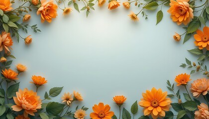 Fototapeta premium Vibrant Floral Frame with Orange Blooms and Verdant Foliage
