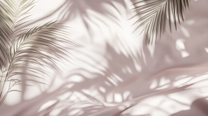 Soft light casts palm leaf shadows on pale pink fabric.