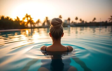 Fototapeta premium A woman, basking in warm glow of a golden sunset, reclines by crystal-clear pool in a luxurious beachfront resort, surrounded by lush palm trees and soothing sound of waves, savoring every moment 