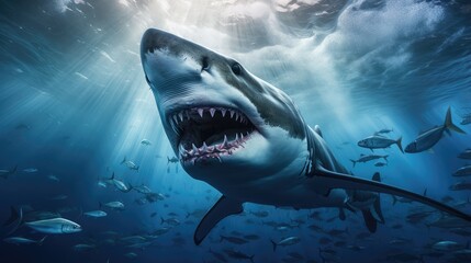 Naklejka premium Warning Sign of Aggressive Marine Predator Swimming Underwater