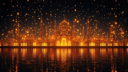 Fototapeta premium Glowing mosque at night reflecting in water with festive lights.