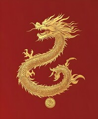 Fototapeta premium A majestic golden dragon statue, a symbol of ancient Chinese culture and mythology, adorned with intricate oriental ornaments, embodies the power Golden Zodiac Wheel for Lunar Celebrations