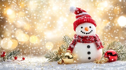 Fototapeta premium Happy Snowman in Winter Scenery with Copy Space - Blurred Bokeh