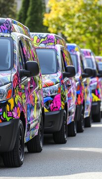 Lineup of Vibrant Custom Vans with Artistic Graffiti-Style Decals, Shallow Focus Street Scene