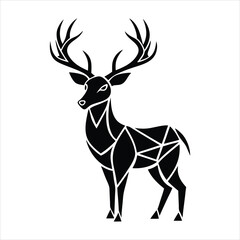 Black and white illustration, geometric deer silhouette, stylized stag, angular design, minimalist animal art, polygonal shapes, sleek antlers, striking contrast, symmetrical composition, modern graph