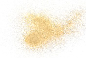 Yellow maca organic powder scattered isolated on white, top view