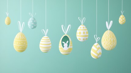Colorful hanging Easter eggs in pastel yellow against a soft turquoise background creating a festive spring atmosphere
