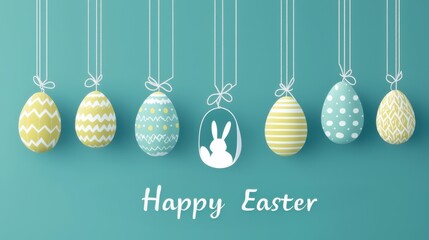 Colorful Easter eggs hanging with a festive greeting on a blue background