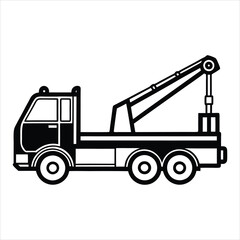 Naklejka premium Truck silhouette, black and white illustration, vintage style, side view, heavy-duty vehicle, industrial design, simplified graphic, bold lines, retractable crane arm, flat vector art, automotive 