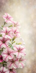 Delicate petunia flowers in a soft pastel pink and white color scheme on a seamless floral background