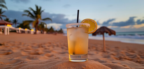 A cocktail glass filled with a refreshing drink and garnished with a lemon slice sits on the warm sandy beach as the sun sets and waves gently roll in