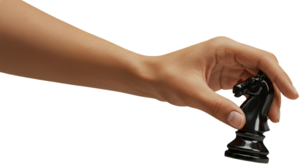 Hand holding a knight chess piece, playing a chess match game, finger, arm, isolated transparent png