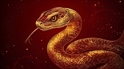 Obraz premium Radiant Gold Snake – Zodiac Symbol of Prosperity for 2025, Perfect for Lunar New Year Decor and Cards