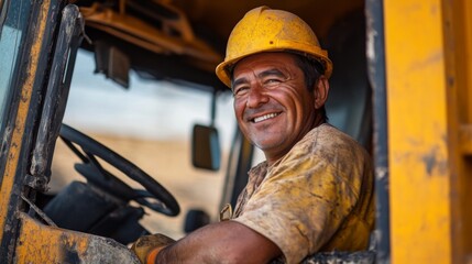 Smiling Worker in a Construction Vehicle - Proud Moment