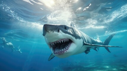 Fierce underwater predators showcase aggression with sharp teeth and warning sign.
