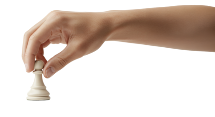 Hand holding a pawn chess piece, playing a chess match game, finger, arm, isolated transparent png