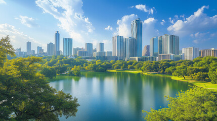Naklejka premium Żywa panorama miejskiego krajobrazu z widokiem na zielony park ukazująca harmonię między nowoczesną architekturą a naturą.