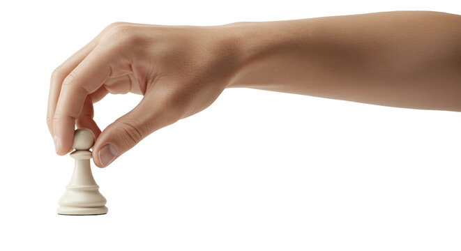Hand holding a pawn chess piece, playing a chess match game, finger, arm, isolated transparent png