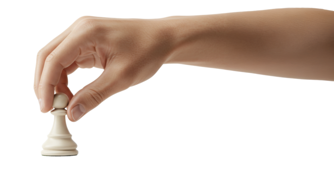 Hand holding a pawn chess piece, playing a chess match game, finger, arm, isolated transparent png