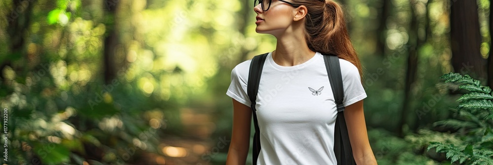 Poster exploring nature in a stylish t shirt while surrounded by lush greenery and tall trees