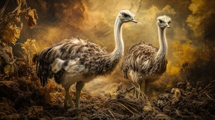Two Rheas in a Golden Haze: A Serene Wildlife Portrait