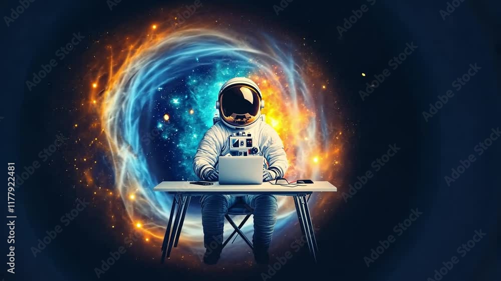 Poster astronaut working on laptop in a cosmic environment with colorful nebula