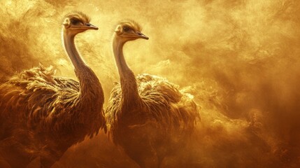 Golden Ostriches in a Haze of Dust