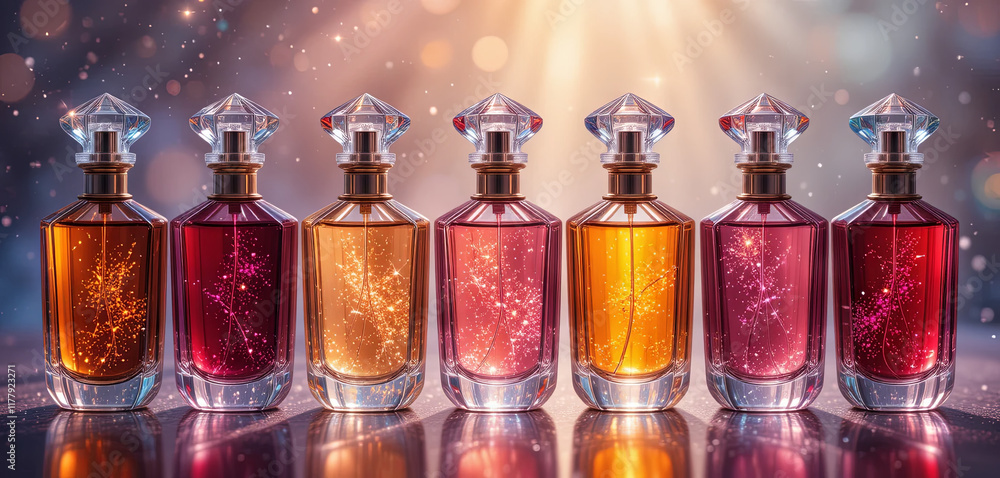 Poster a row of seven elegantly designed perfume bottles displays different vibrant colors and textures. th