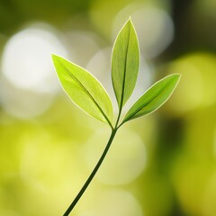 Obraz premium Close-up of three vibrant green leaves on a slender stem against a blurred natural background.