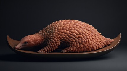 Obraz premium Pangolin on a Wooden Dish: A 3D Render of an Endangered Creature