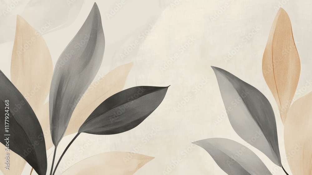 Poster a minimalist design featuring abstract leaves in muted tones on a textured background.