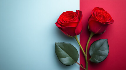 Two Red Roses on Dual-Tone Blue and Red Background