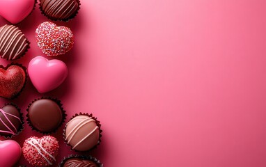 Obraz premium Indulge in a delightful array of chocolates set against a romantic pink backdrop for Valentine's Day.