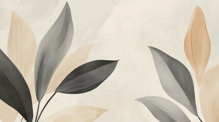 A minimalist design featuring abstract leaves in muted tones on a textured background.