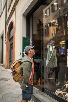 Man shopping in the city of Arezzo in Tuscany, Italy.