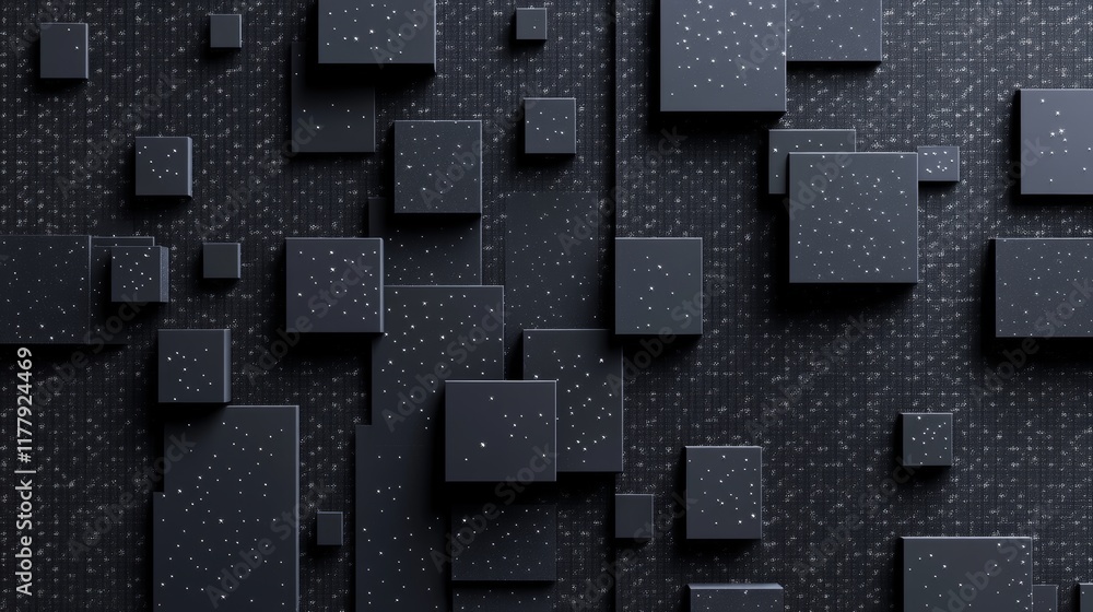 Poster abstract design featuring layered black squares with a textured background.