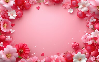 Fototapeta premium Vibrant flowers and delicate hearts dance on a soft pink canvas, celebrating love's beauty this Valentine's Day.