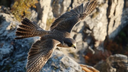 Obraz premium Majestic Peregrine Falcon in Flight over Rocky Terrain