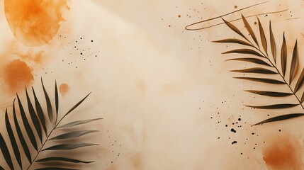 Abstract background with palm leaves and watercolor splashes in warm tones.
