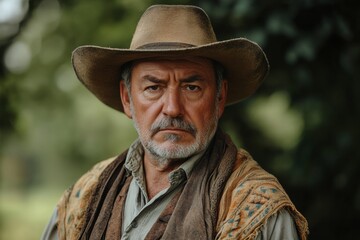 middle-aged man dressed in Gaucho style clothes, nature background