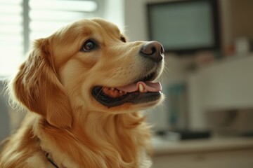 Vet listening golden retriever dog with stetoscope in veterinary clinic