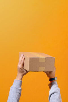 Hands Holding Cardboard Box Against Orange Background