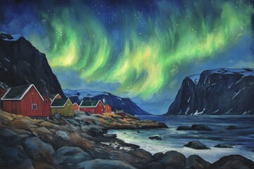 Naklejka premium Norwegian fjords, Aurora borealis in sky